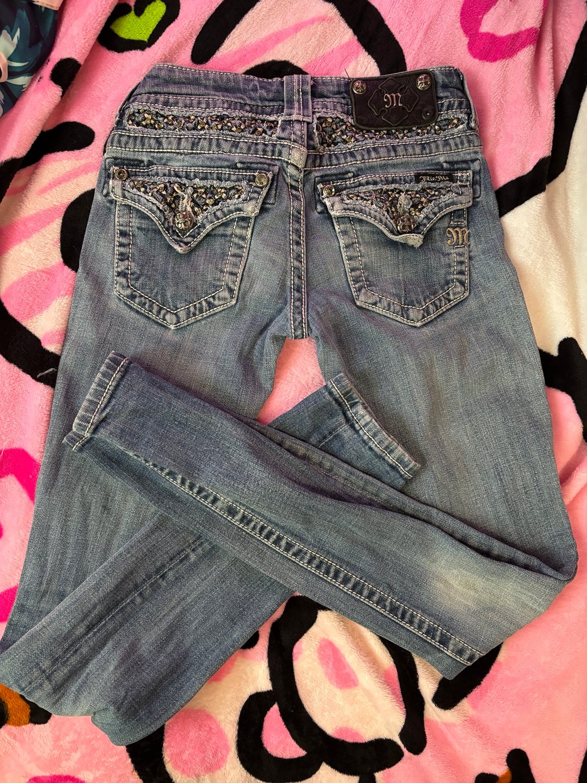 y2k vintage miss me skinny jeans with bling flower design