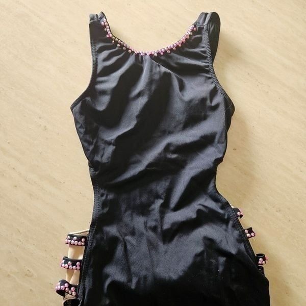 Weissman NWOT child medium semi custom dance costume black w pink rhinestones