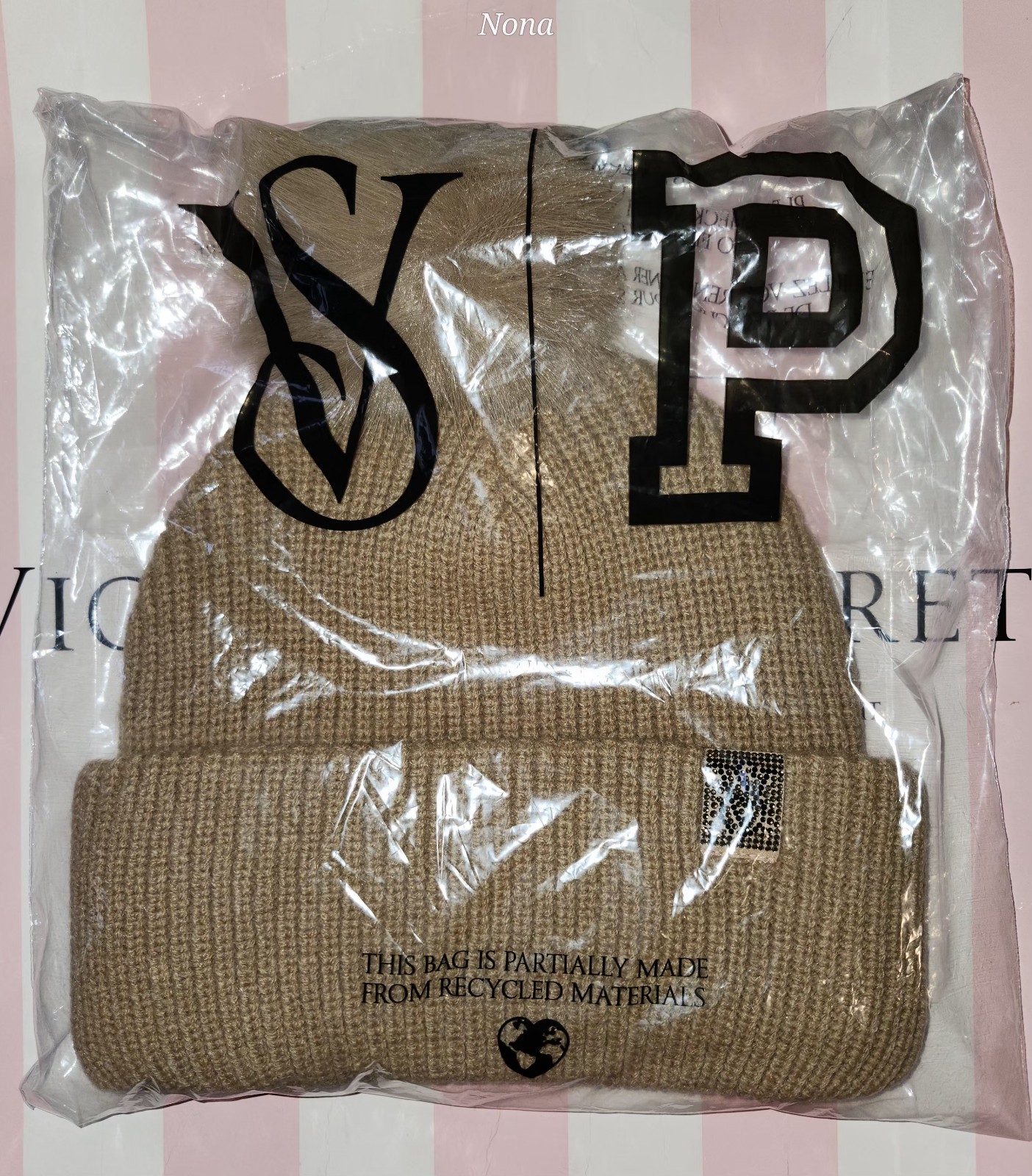 Victoria Secret Bling Patch Pompom Beanie NWT