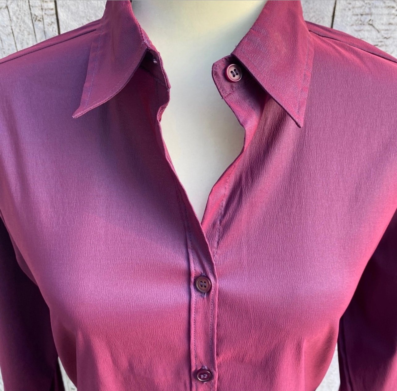 At Last Button-Up beautiful iridesbent purple Blouse with gorgeous french cuffs