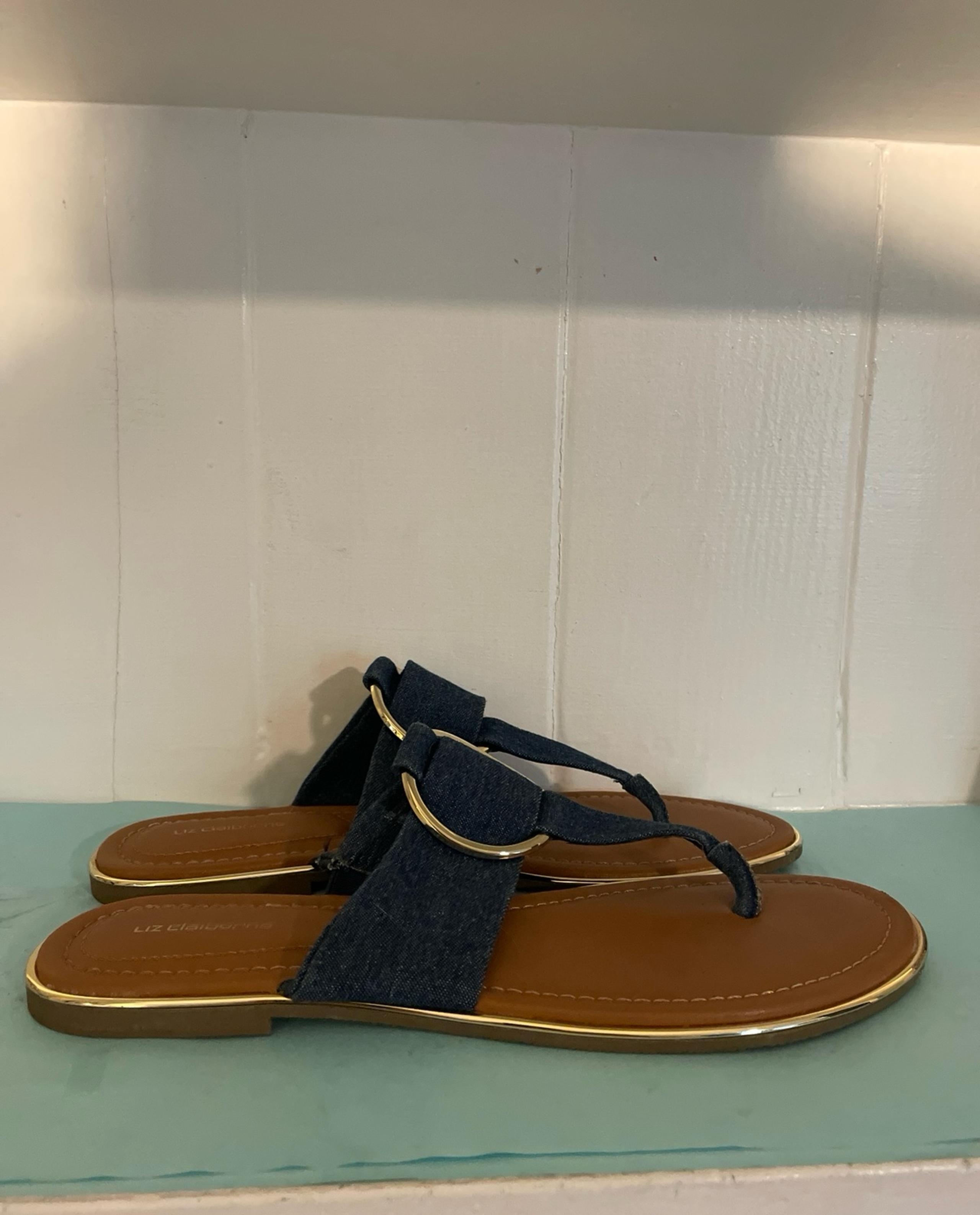 Liz Claiborne denim, sandals, trimmed and gold size 8.5