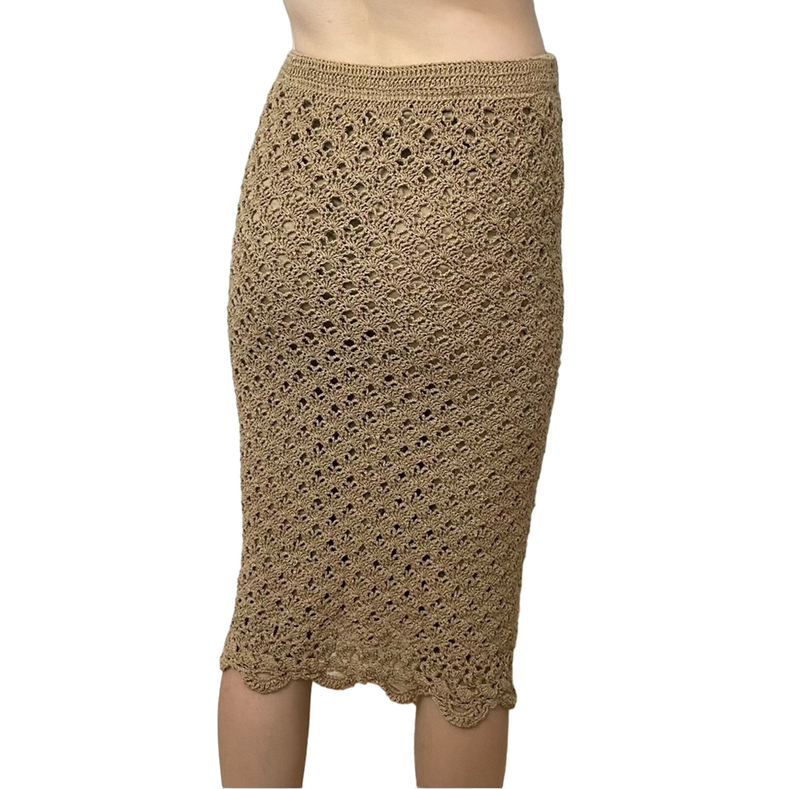Vintage Skirt Midi Fitted Knit Boho Fairy Earthy Brown Tan Linen Size Medium