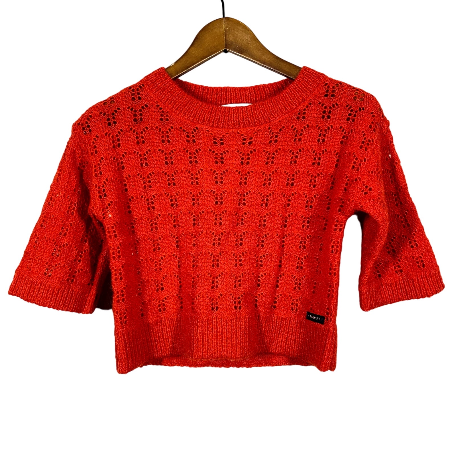 A Monday in Copenhagen Long Sleeve Sweater Scoop Neck Red Open Knit - 6