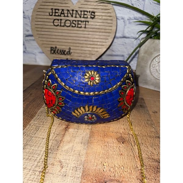 Blue red golden Minimalist Mosaic Clutch Purse for Her Vintage Ornate Indian bag