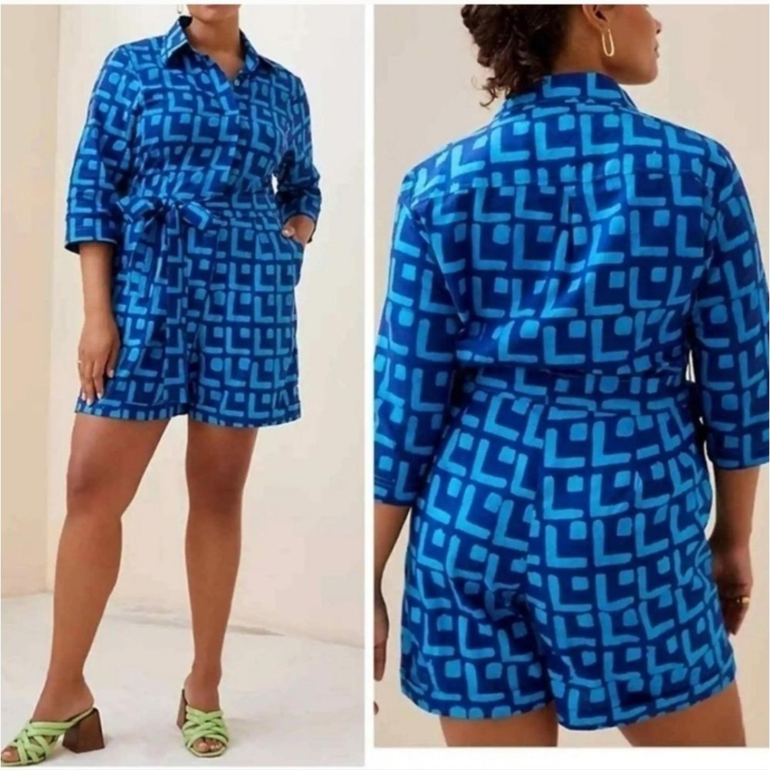 Anthropologie Sika Geometric Print Blue Tie Waist Romper, Size Small