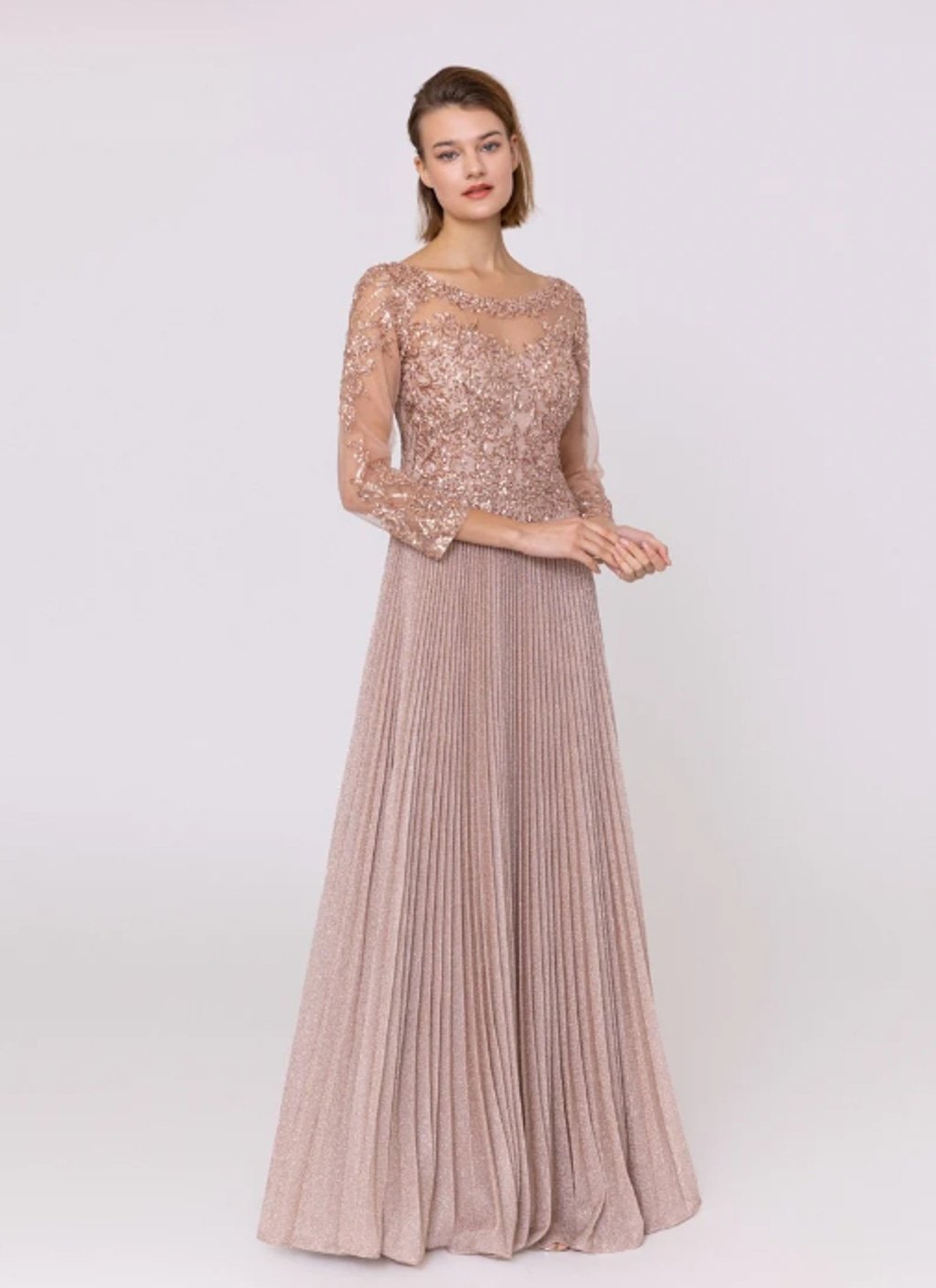 Annabelle Dress Long Sparkle Evening Dress, Illusion Necklace, Pleated, 14