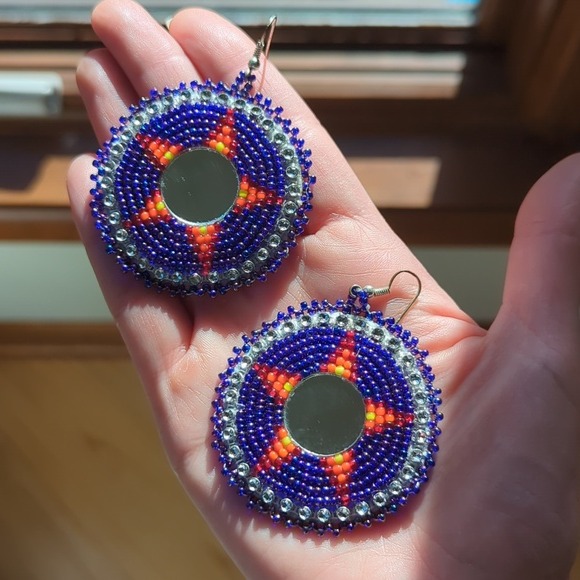 Signed Bohemian Seneca Native American Beaded Pierced Earrings Colorful Tribal