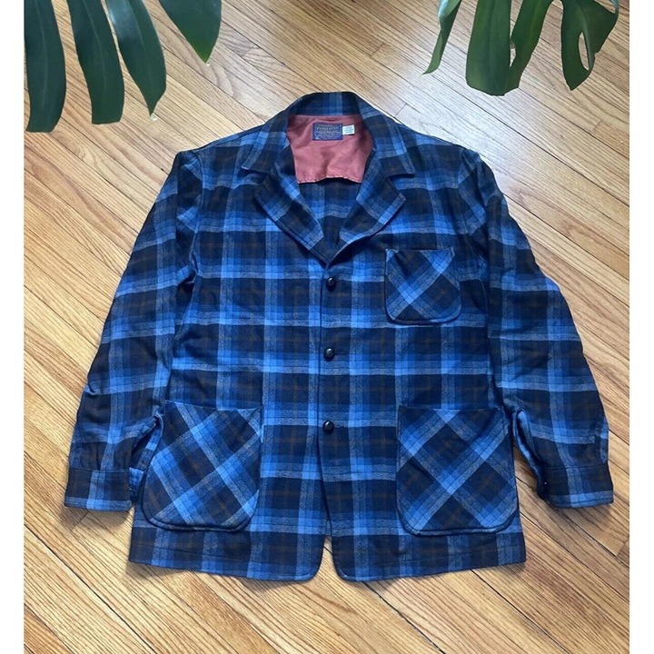 Vintage 70's Large Pendleton Blue Plaid Patch Pocket Casual Wool Blazer Made USA