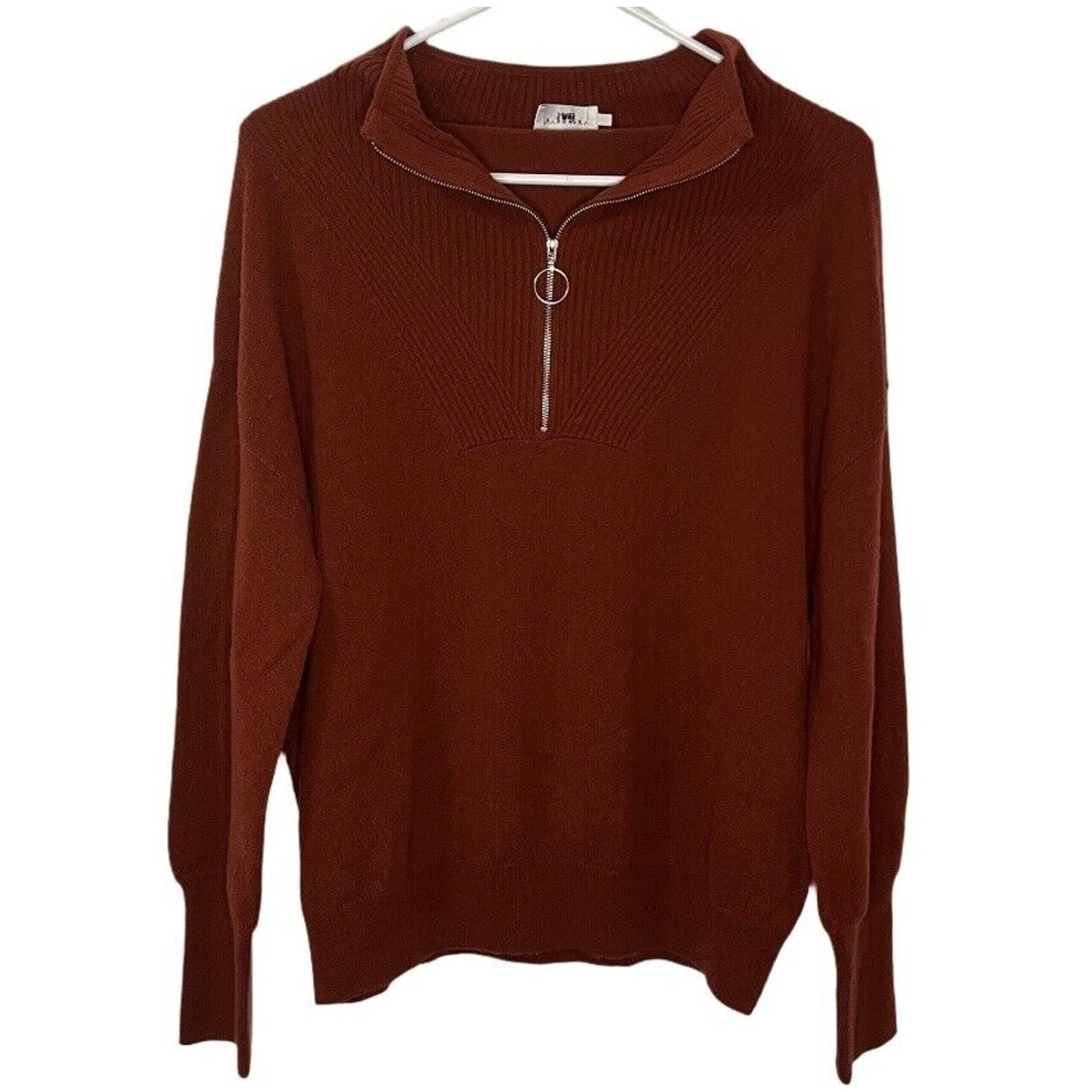 The Reset R Label Sweater Medium Orange Wool Cashmere Ribbed Mock Neck 1/4 Zip