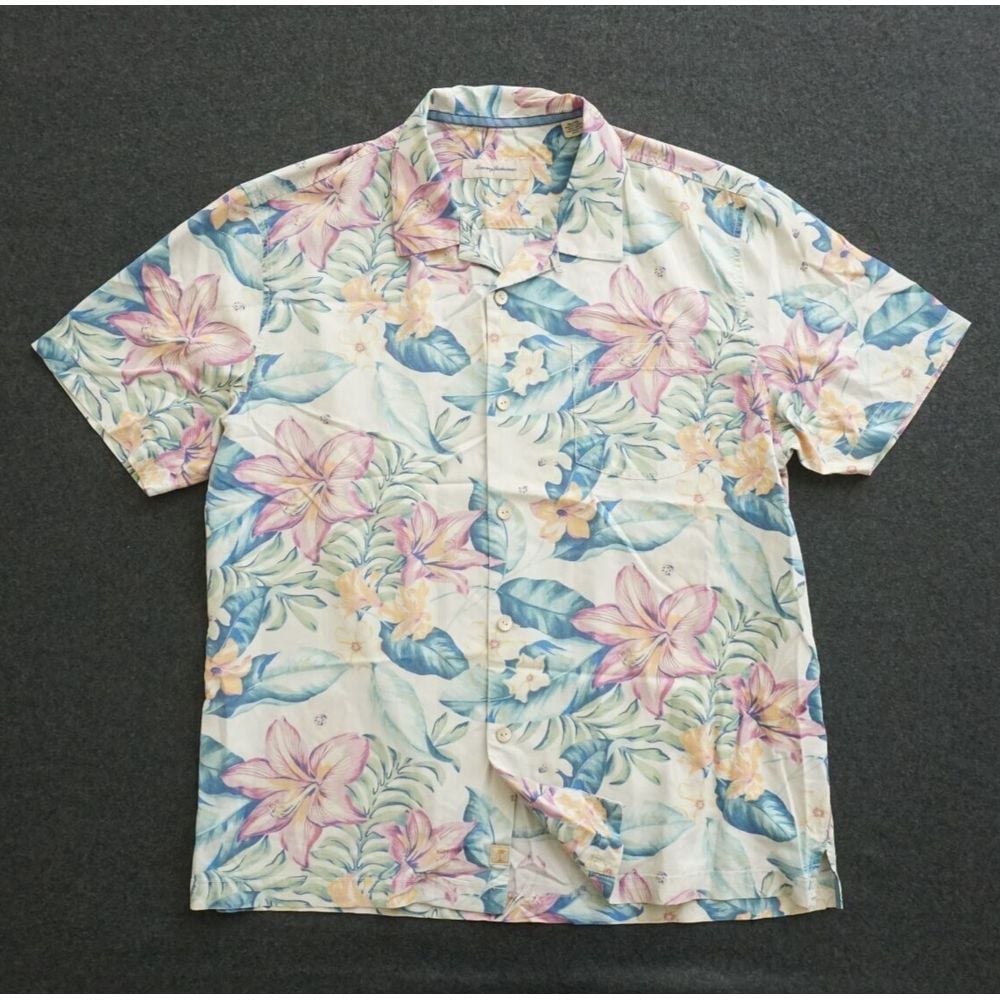 Tommy Bahama Mens Hawaiian Shirt Button Up Floral Pastel Pink Silk Size XL