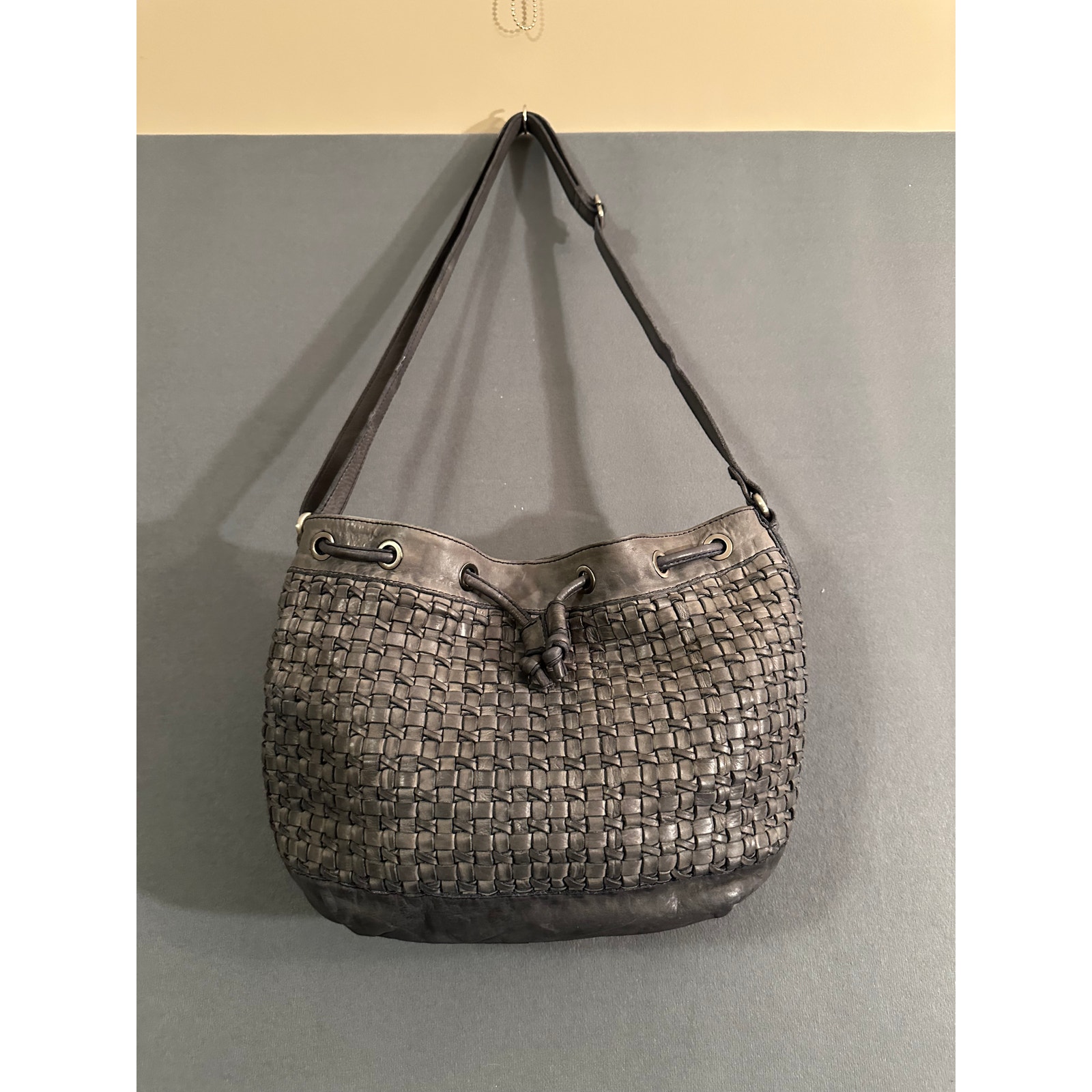 Leather purse bag hobo denim blue drawstring