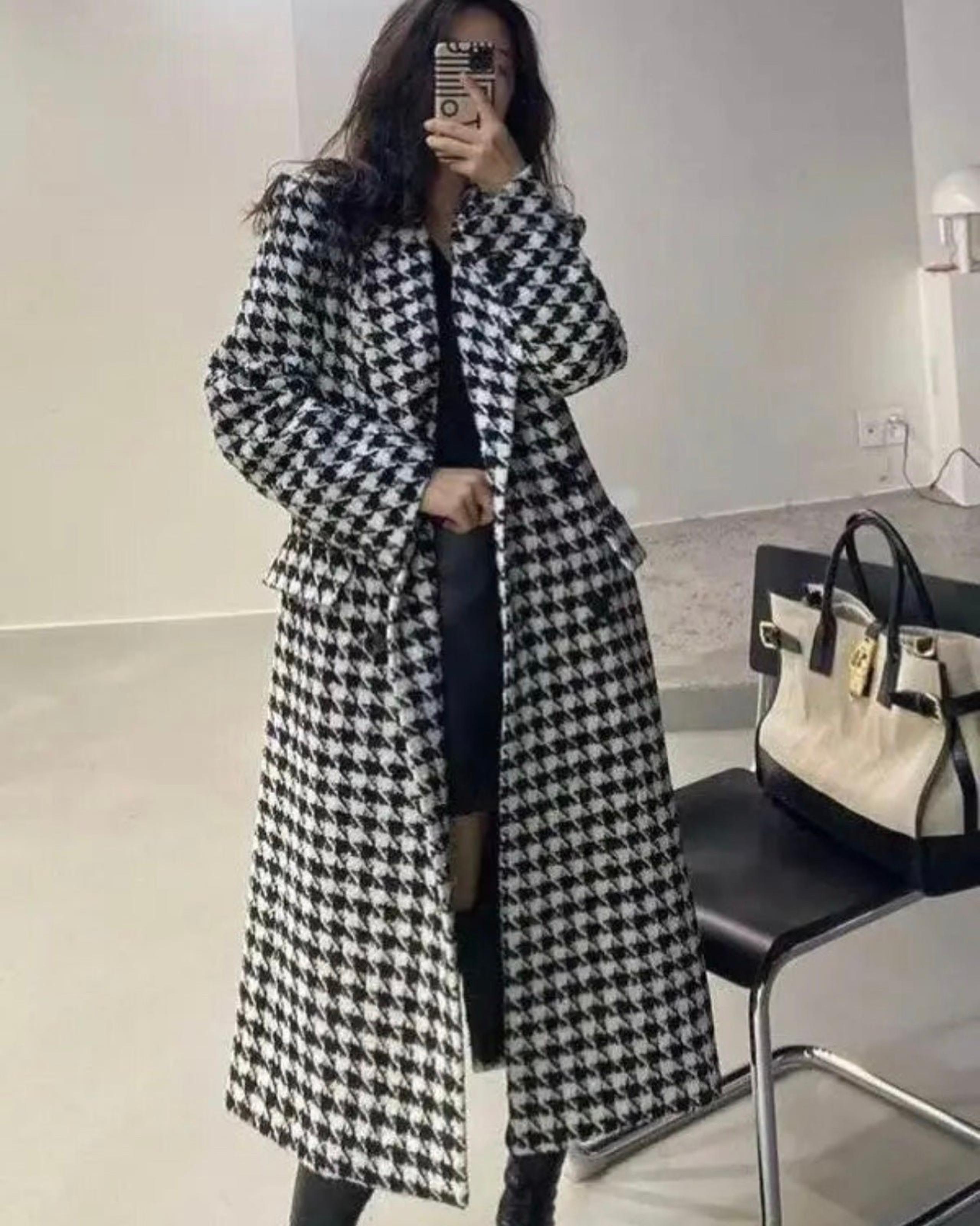Coat size large women peacoat houndstooth wool lined black white long