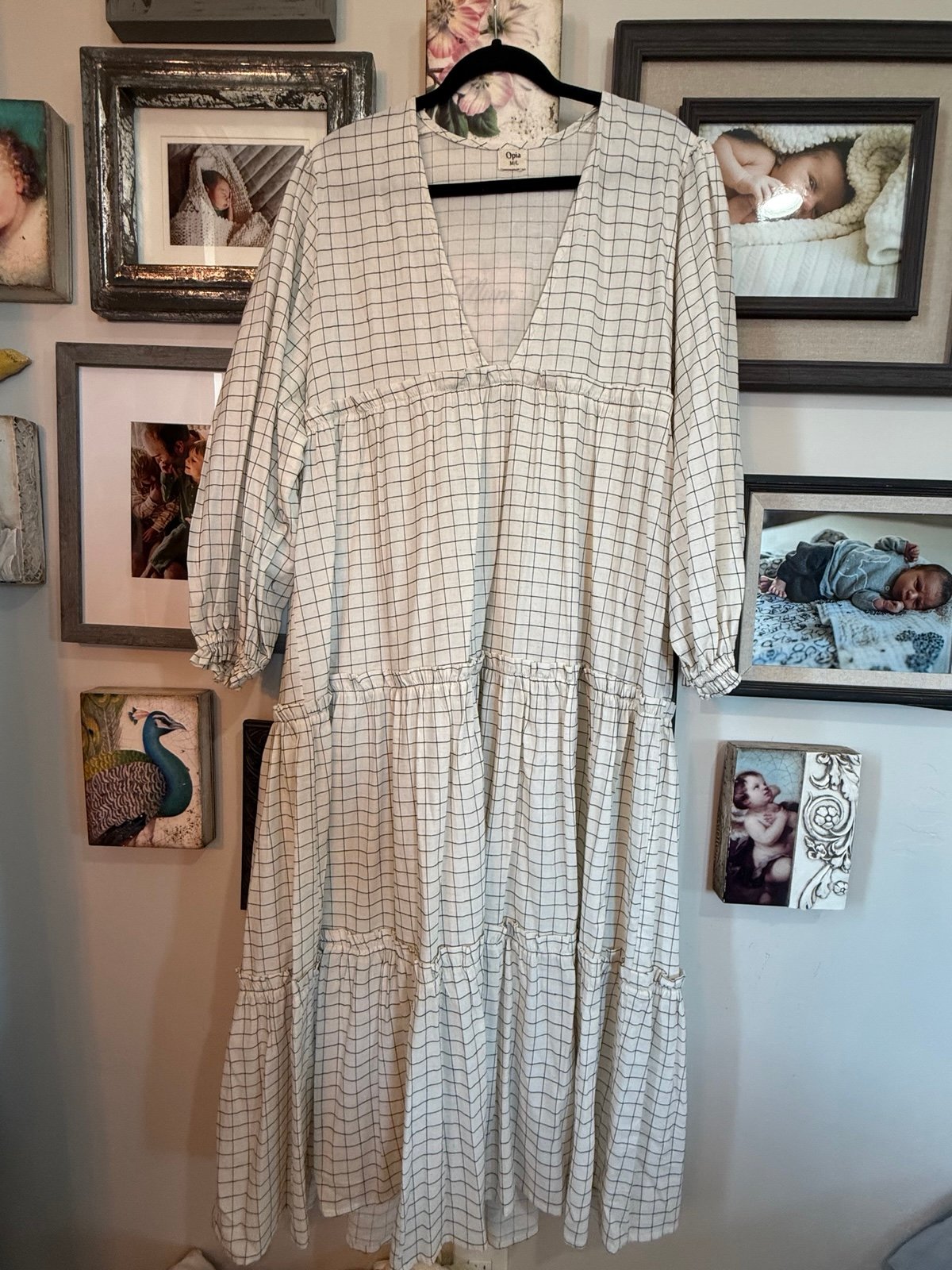 New Opia Byron Bay Plaid Window Pane Midi Dress M/L White