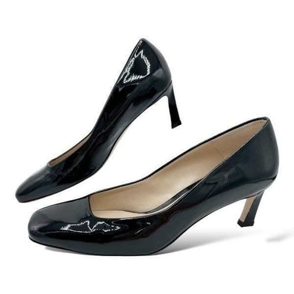 STUART WEITZMAN Black Patent Pumps Square Toe Slim Angled Architectural Heels 9