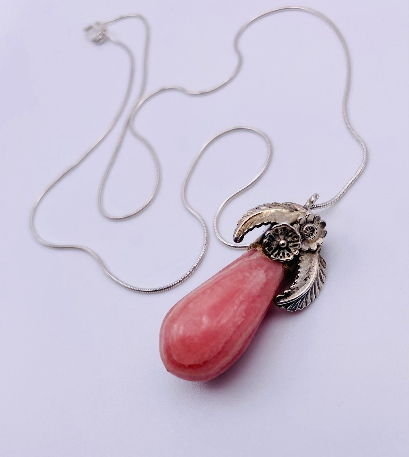 Native American Signed Sterling Silver Rhodochrosite Squash Blossom Necklace