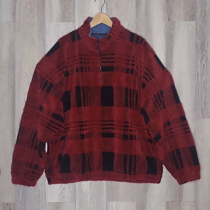 Chaps Ralph Lauren Vintage 90s Red Black Plaid Fleece Fuzzy Pullover Mens XL