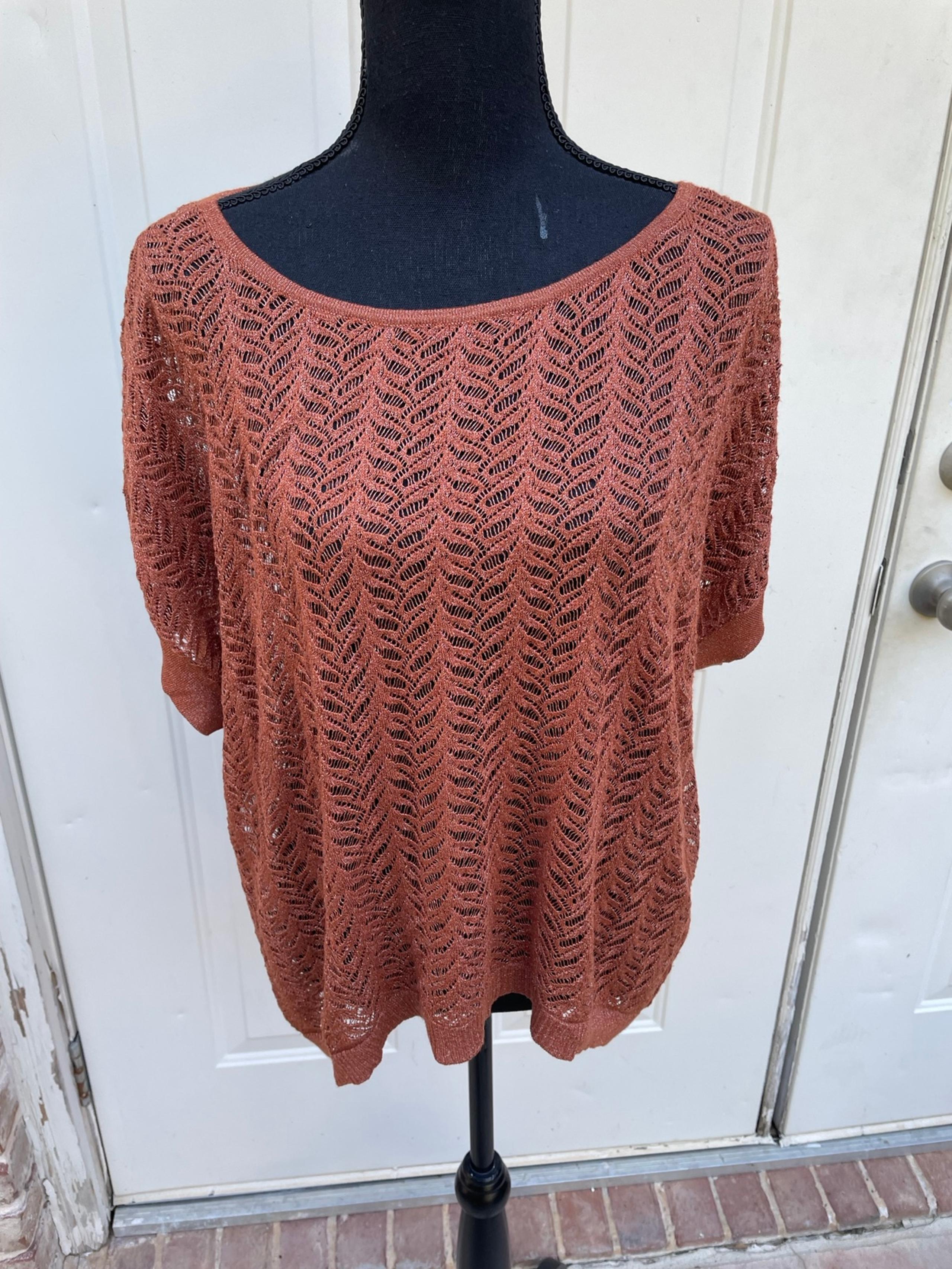 Worthington, Rust, Short Sleeve, See-Through, Lace, Top, Size PL