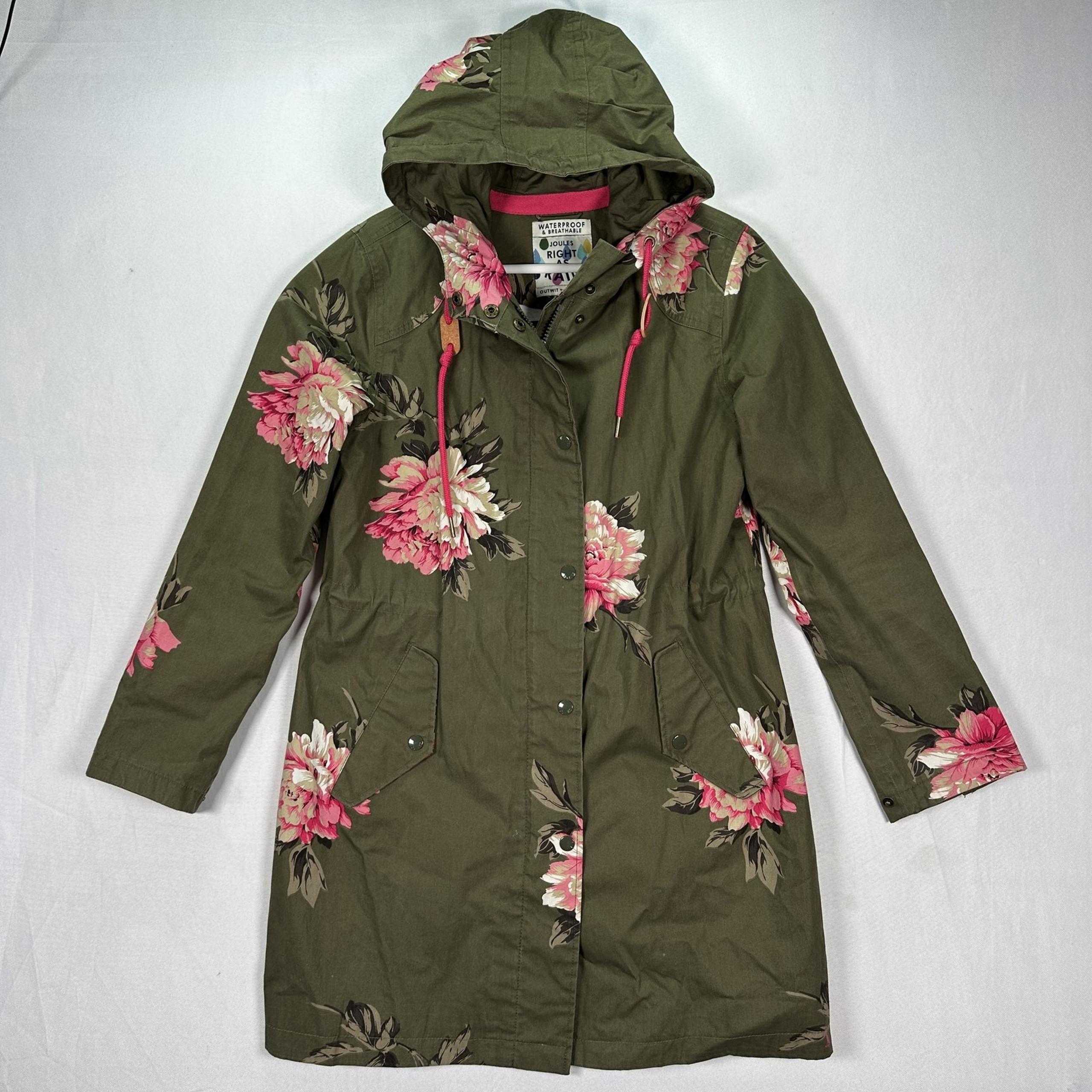 Joules Jacket Womens US 6 Small Green Floral Waterproof Hooded Right As Rain