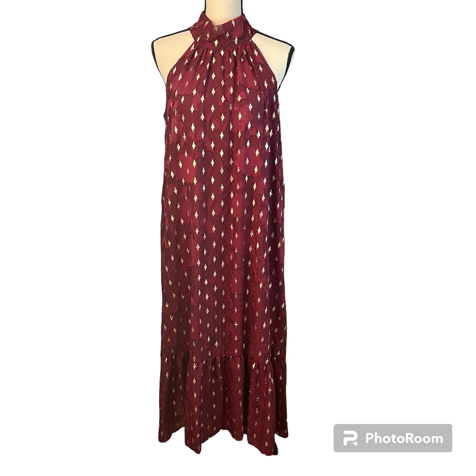 Donna Ricco DR Collection | Women's Burgundy Gold Halter Lined Dress Sz 8