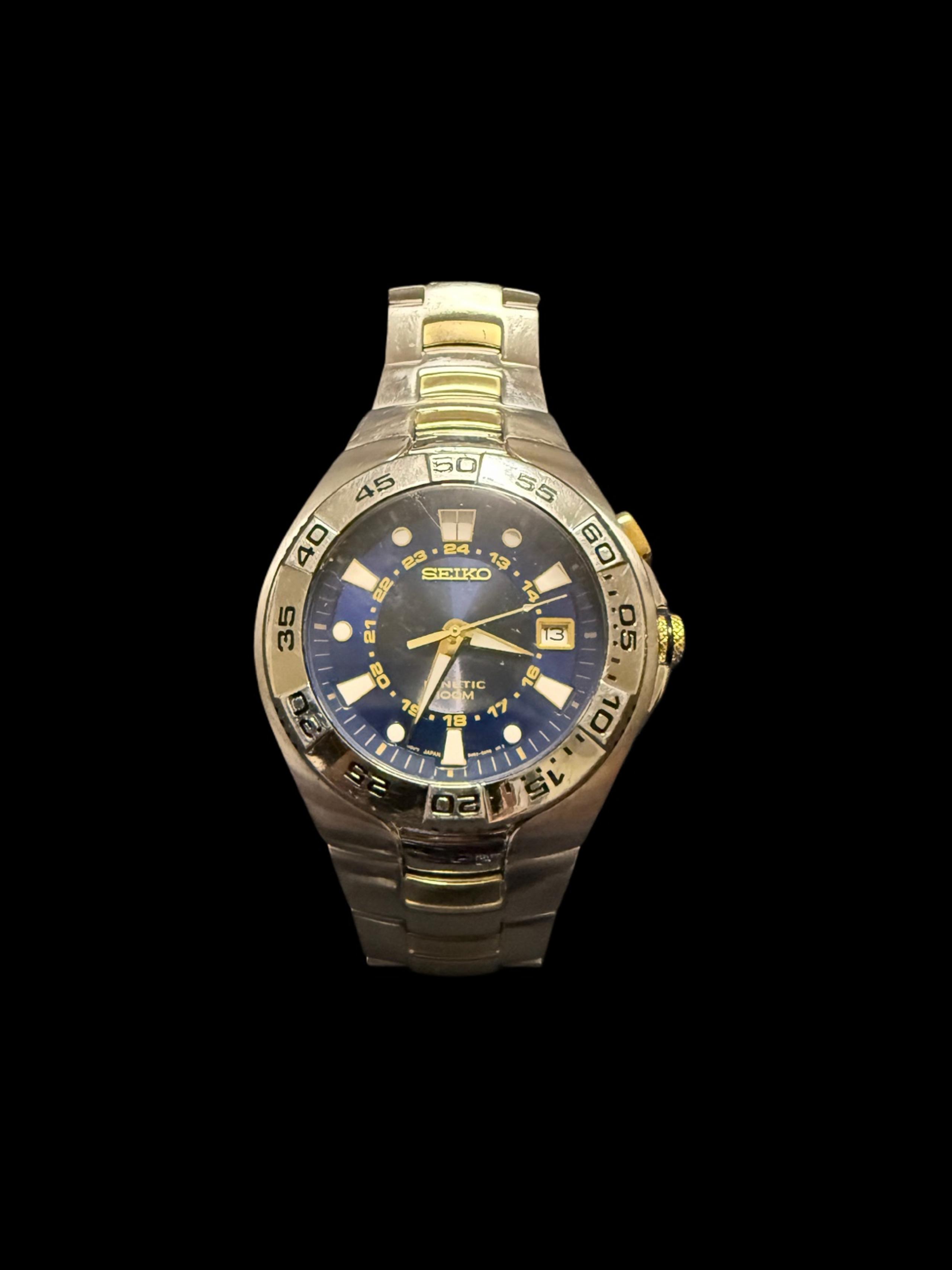 Vintage Seiko Kinetic Mens Two-Tone w/ Blue Dial 100M Watch 5M62-0AP0