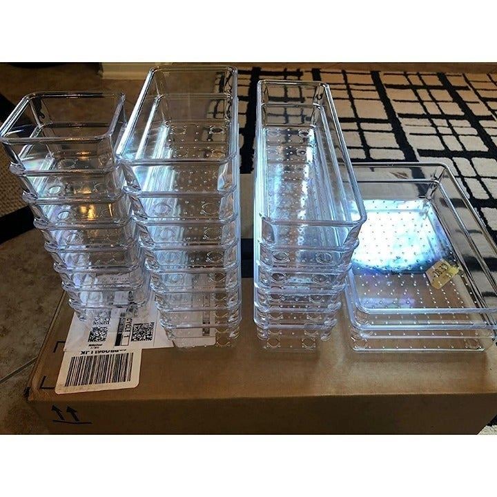 25 PCS Drawer Organizer Set Clear Plastic Desk Drawer Dividers Trays Dresser