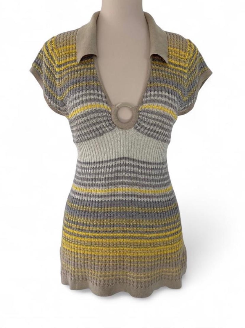 DKNY y2k metallic thread striped v-neck knit with center o-ring SZ XL