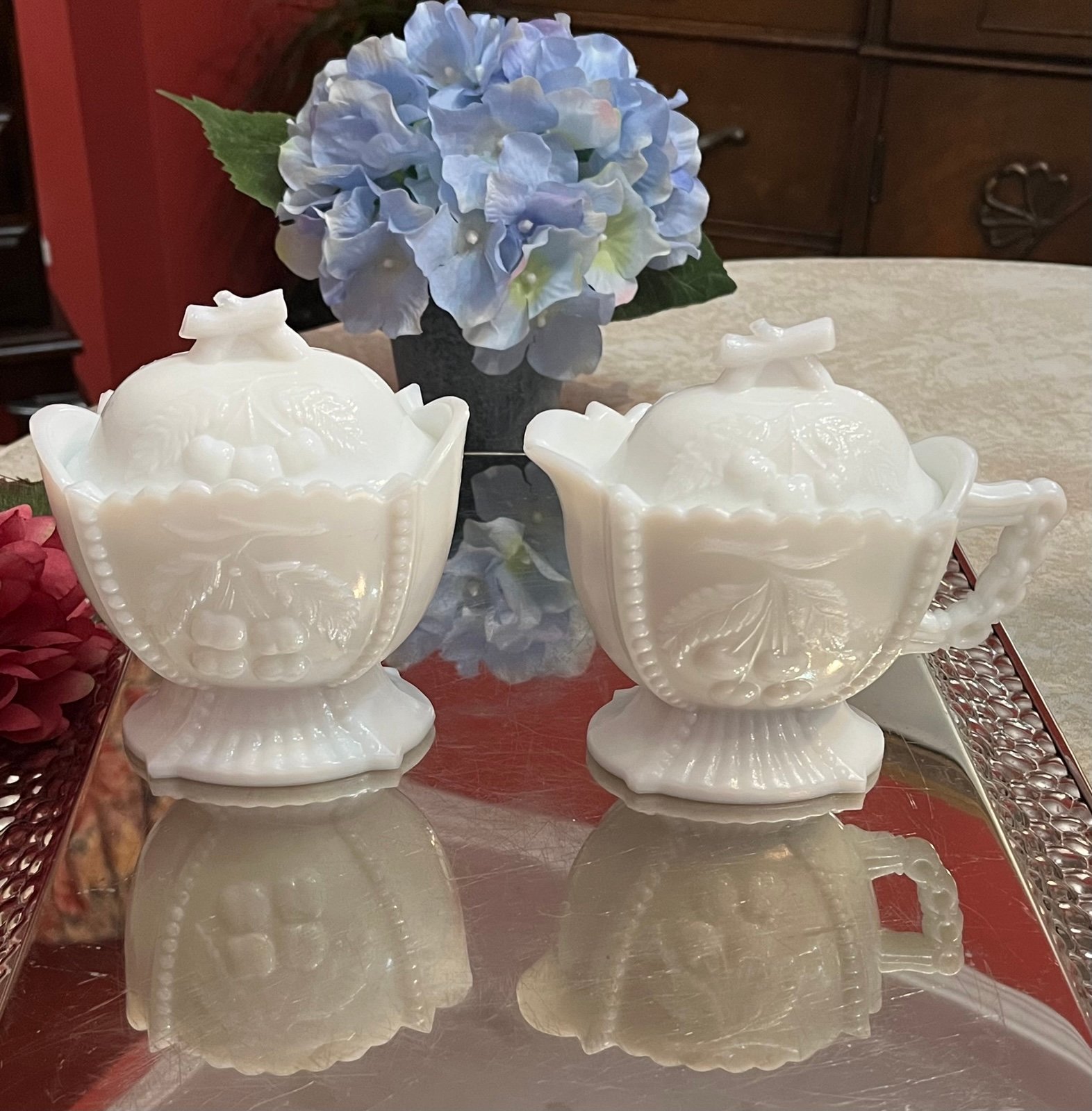 Antique Westmoreland Milk Glass Grape & Cherry Pattern Lidded Cream & Sugar