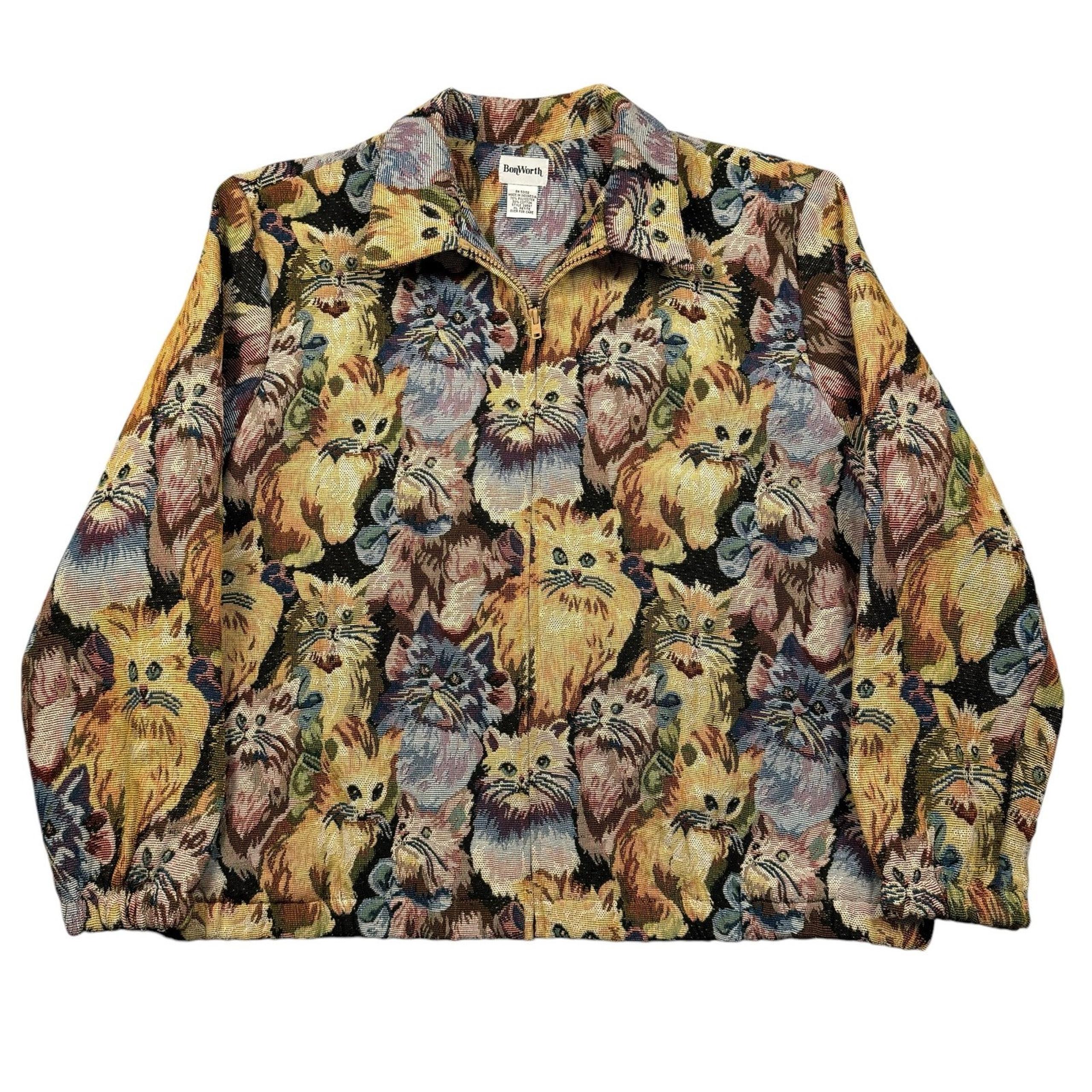 Vintage Jacket Women's XL Petite Woven Cat All Over Print Full Zip Colorful