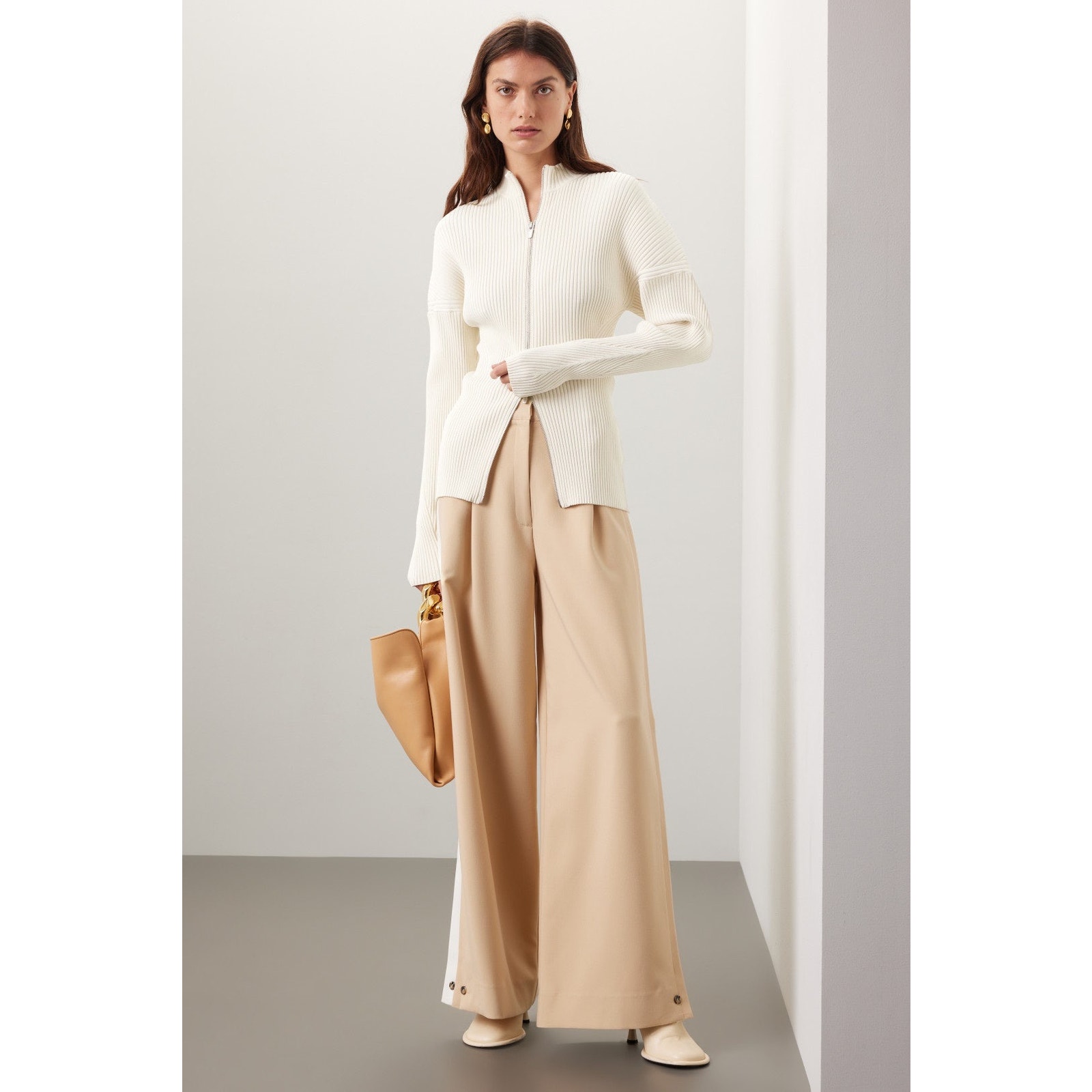 A.L.C. Noa Cream Ribbed Knit Zip Front Mock Neck Cardigan Sweater Size Large
