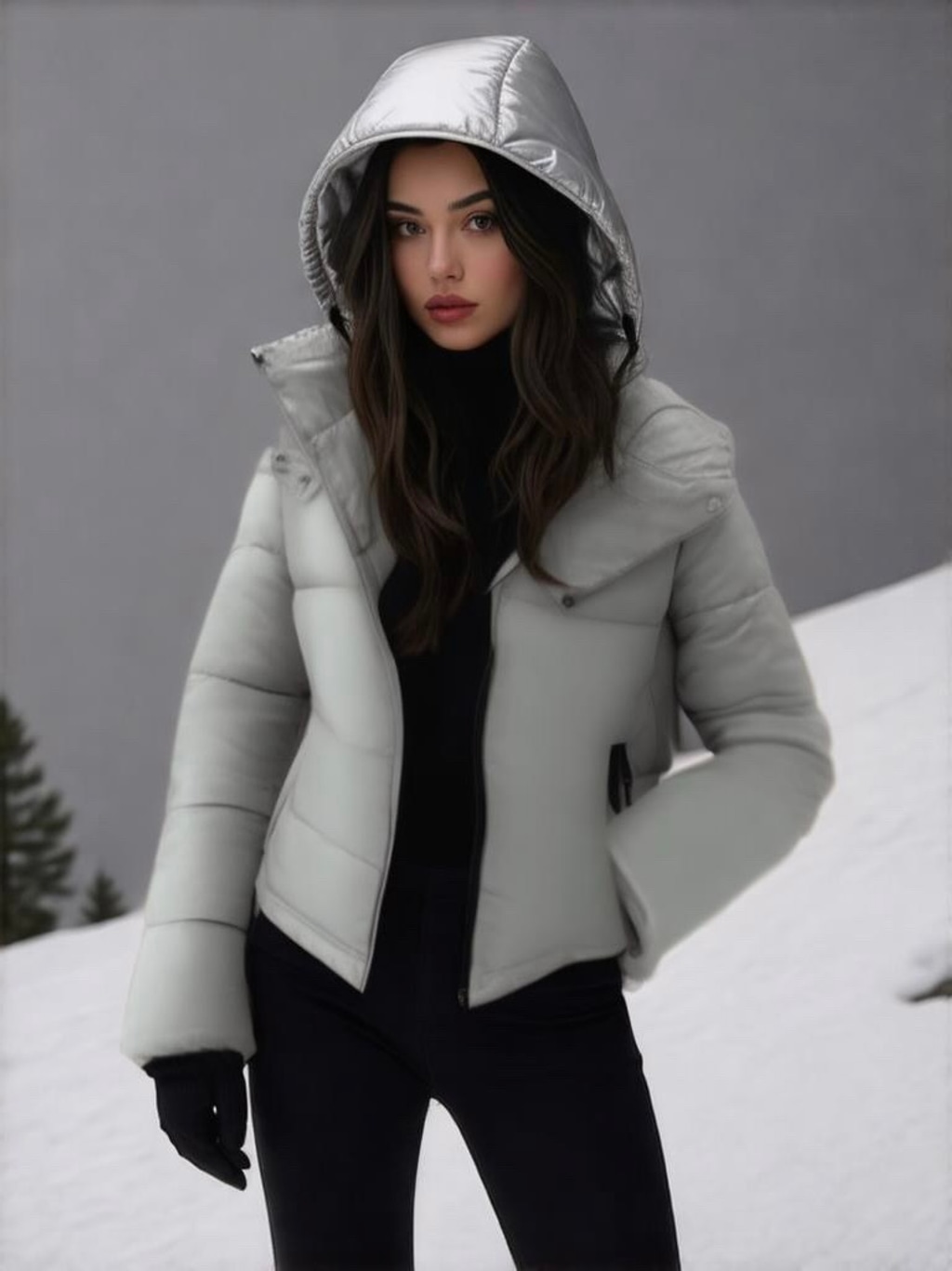 NWT Kenneth Cole Womens Puffer Jacket Hooded Size XS Silver Gorpcore Outdoor Ski