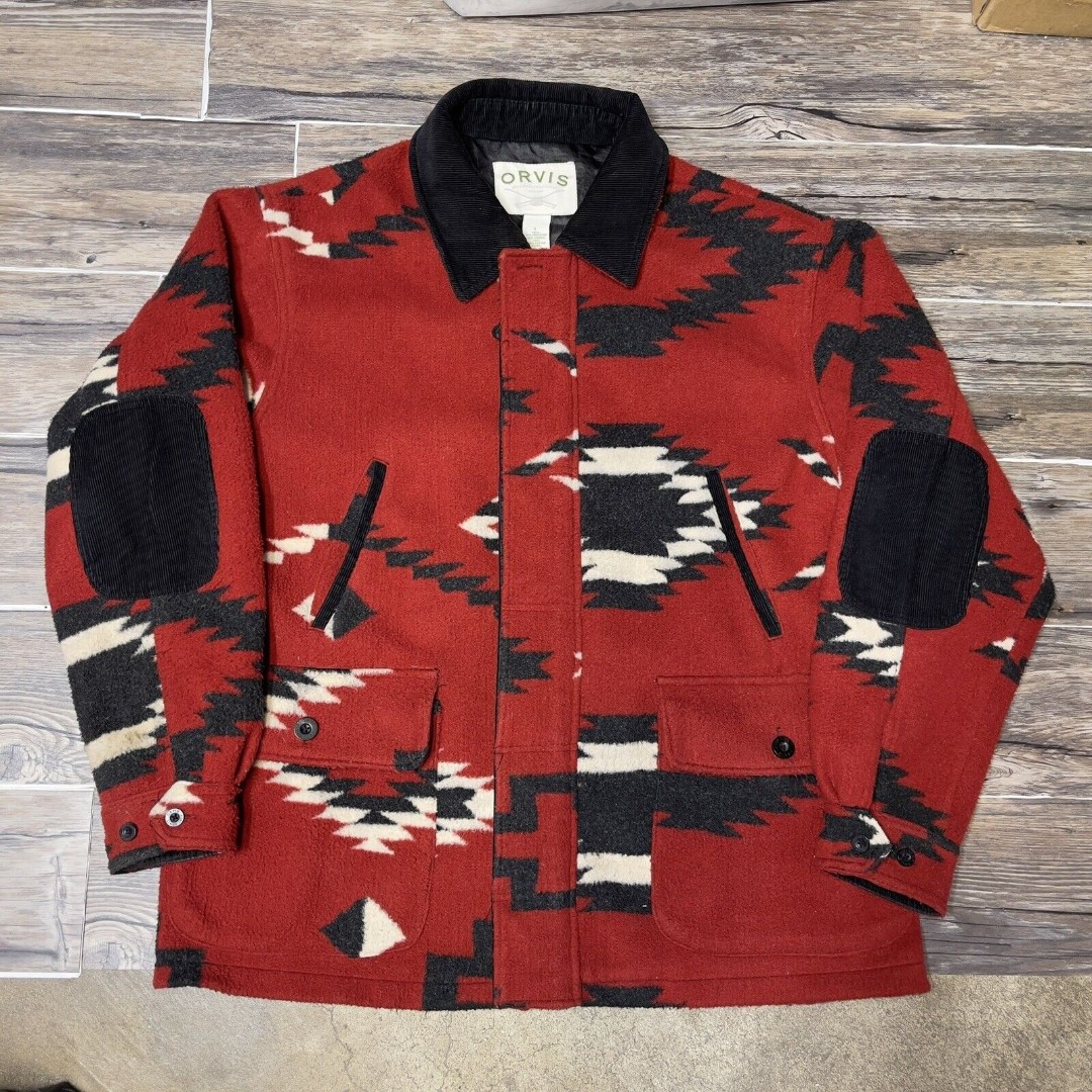 Vtg Orvis Ethnic Geometric Aztec Print Field Barn Jacket Corduroy Trim Men L EUC