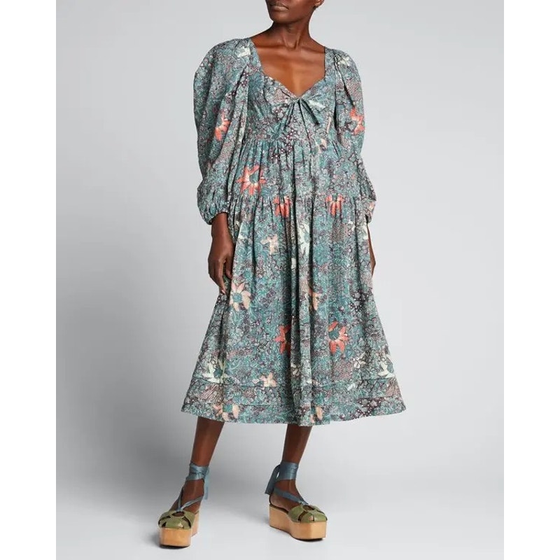 ULLA JOHNSON Kemala Printed Long-Sleeve Midi Dress Malachite Size 6 Retail 445