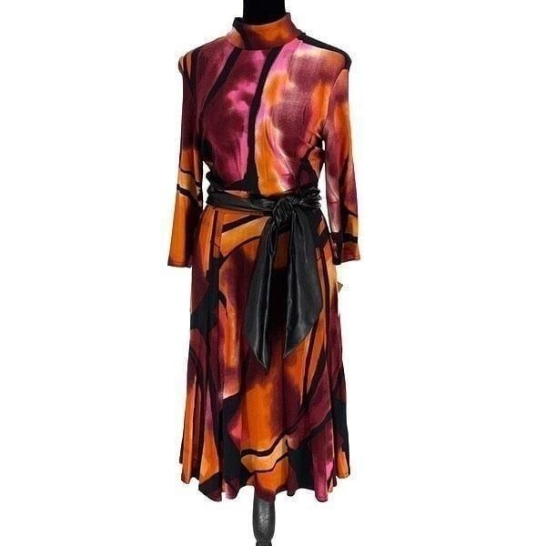 Vintage Joseph Ribkoff Womens Geometric Mock Neck Midi Dress Multi Size 8 NWT
