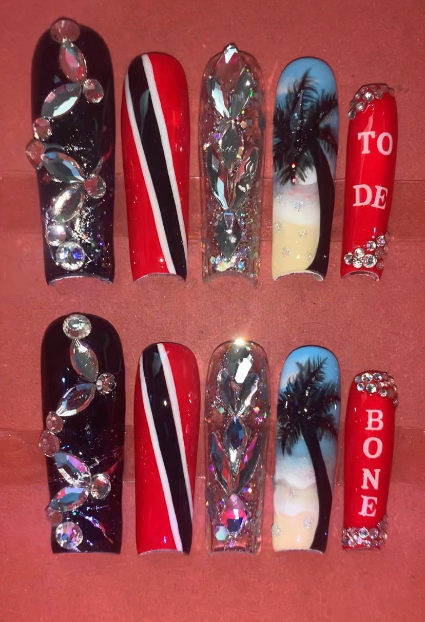 Hand painted Trini Flag palm tree 3D xxl Bling press on nails | Glue included