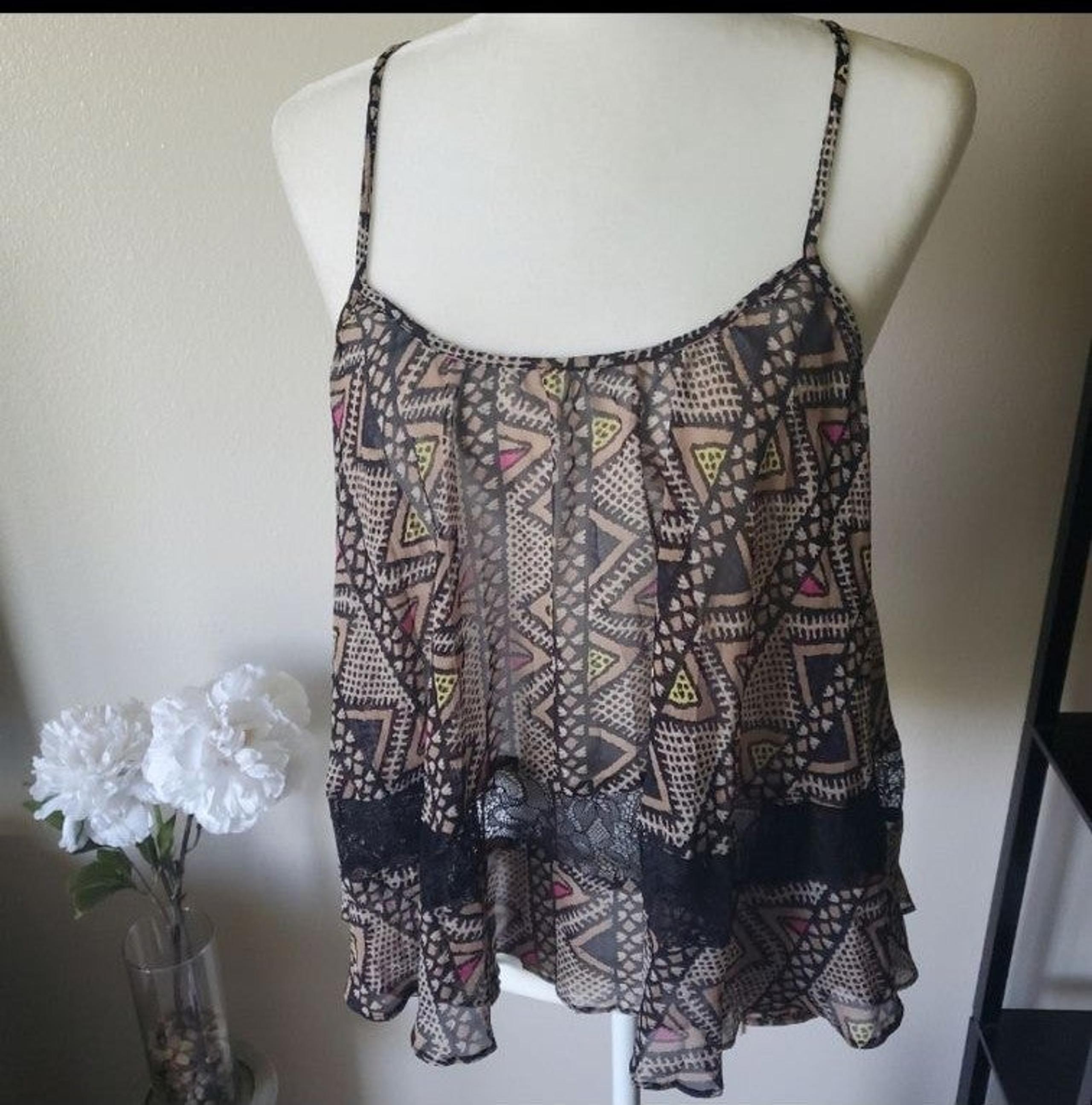 BCBG black tan tribal lace tanktop M