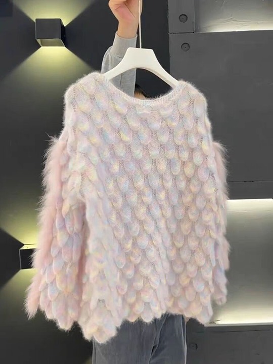 Vintage pink wooly knitwear flower art raw milk good lazy big sweater big size