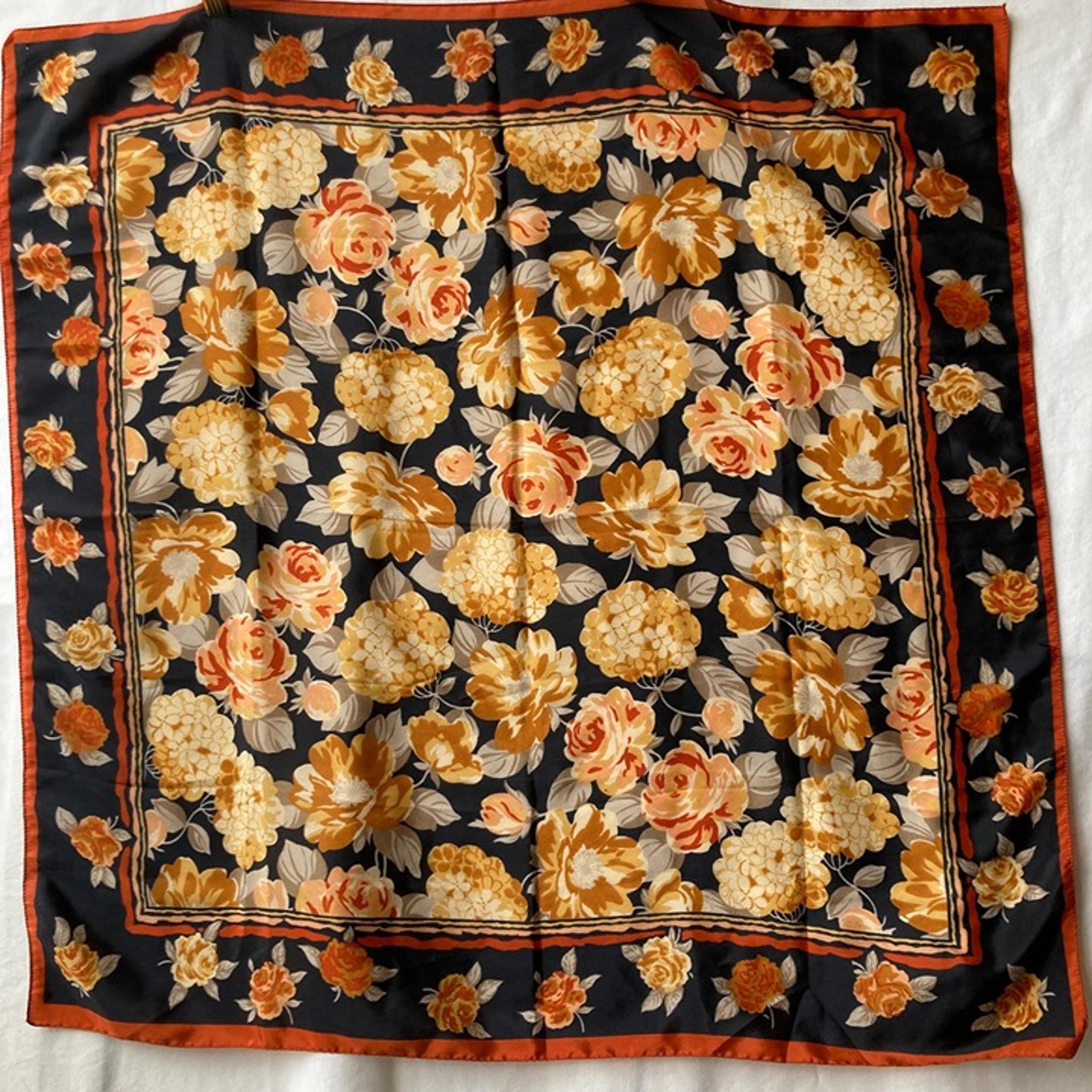Vintage Floral Flower Womens Scarf Square Orange Brown BeigeTan Roses Hydrangeas