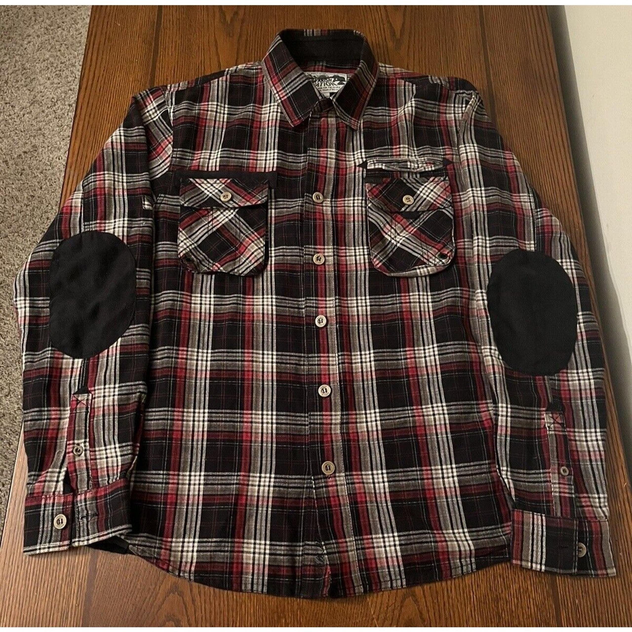 Parish Nation Shirt Men's Size Large Long Sleeve Plaid Button Up Elbow Patches