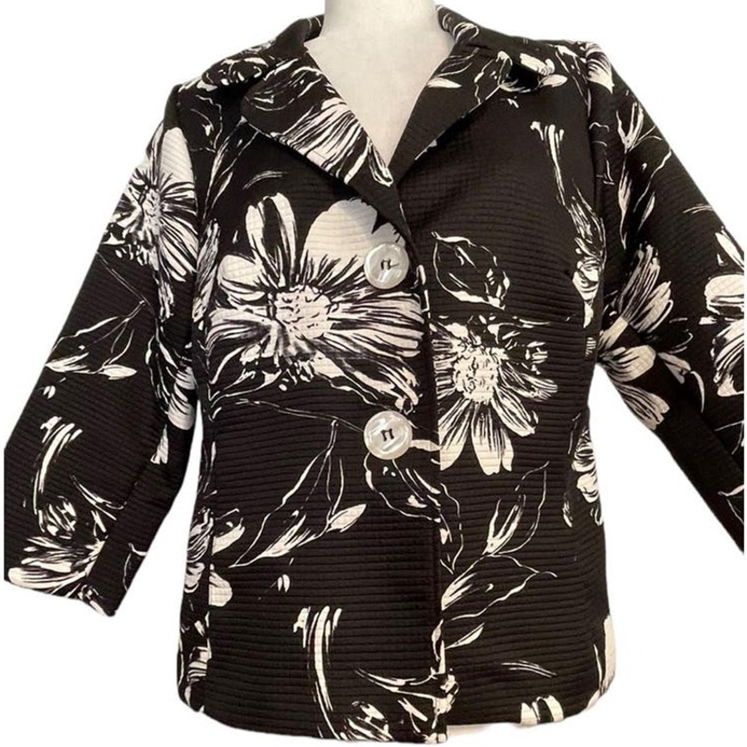 Susan Graver Black and White Floral 3/4 Sleeve Lightweight Button Front Jacket M