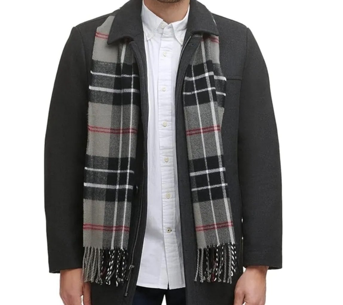 Dockers Wool Blend Coat Jacket Mens Size Large Charcoal With Plaid Scarf