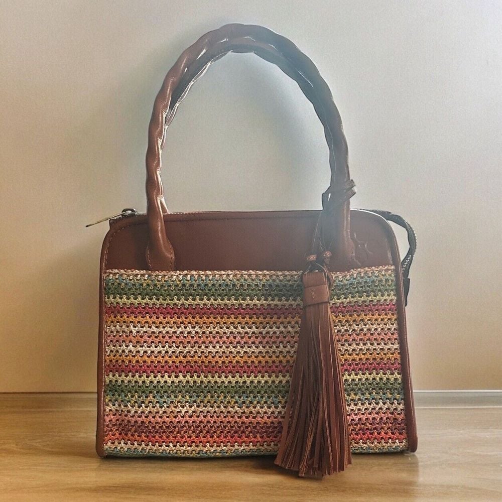 PATRICIA NASH Colors Stripe Knit Leather Carryall Shoulder Tote Bag Purse Tassel