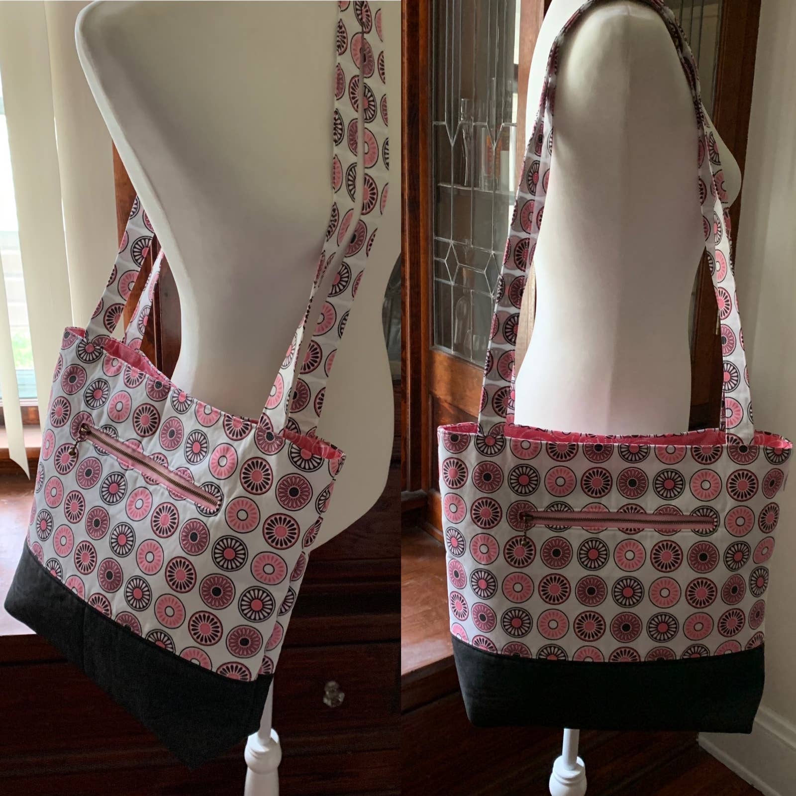 Handcrafted Pink White and Black Pinwheel Cotton and shops Denim Crossbody Carryall