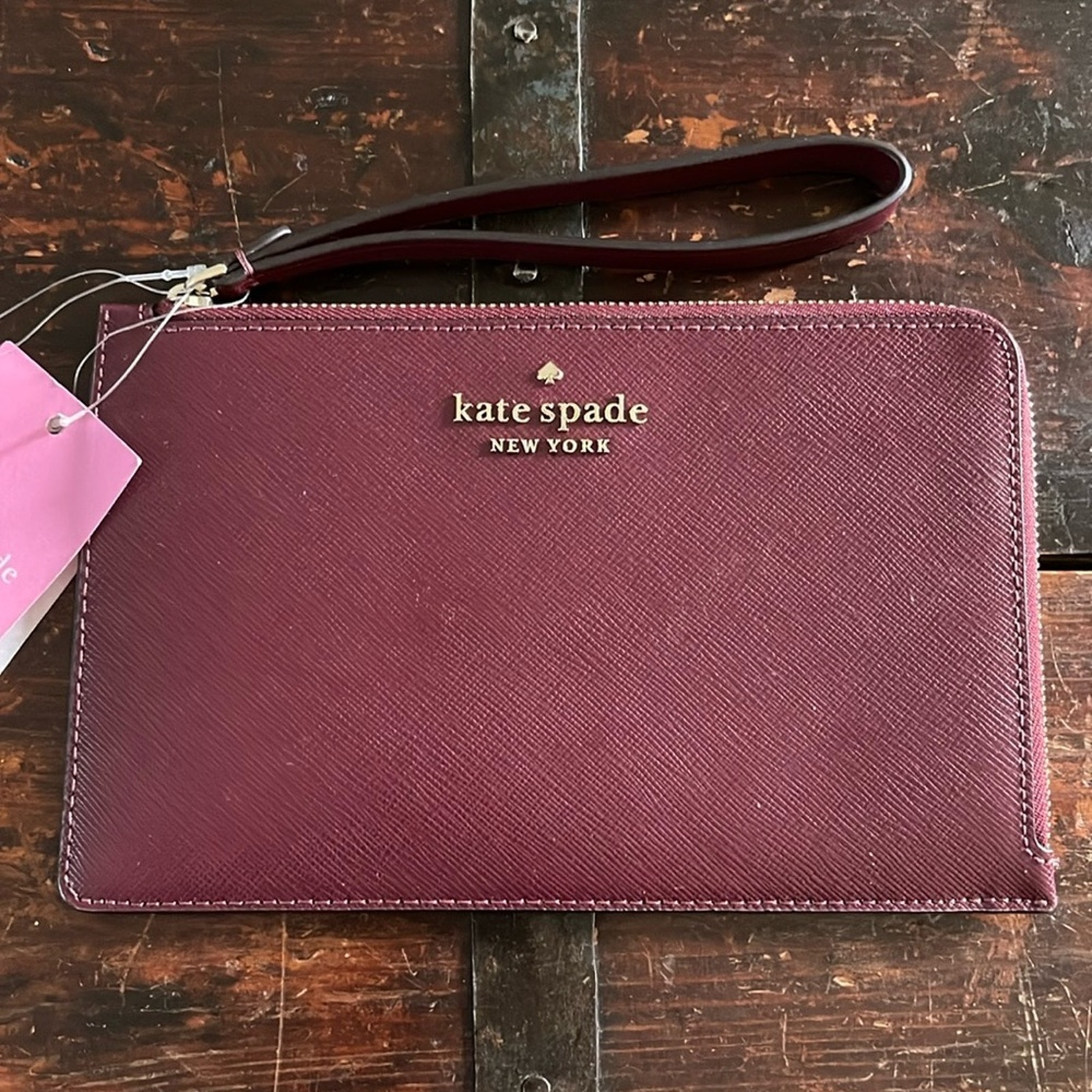 Kate Spade Deep Berry Staci Leather Medium L-Zip Wristlet 8 x5 NWT