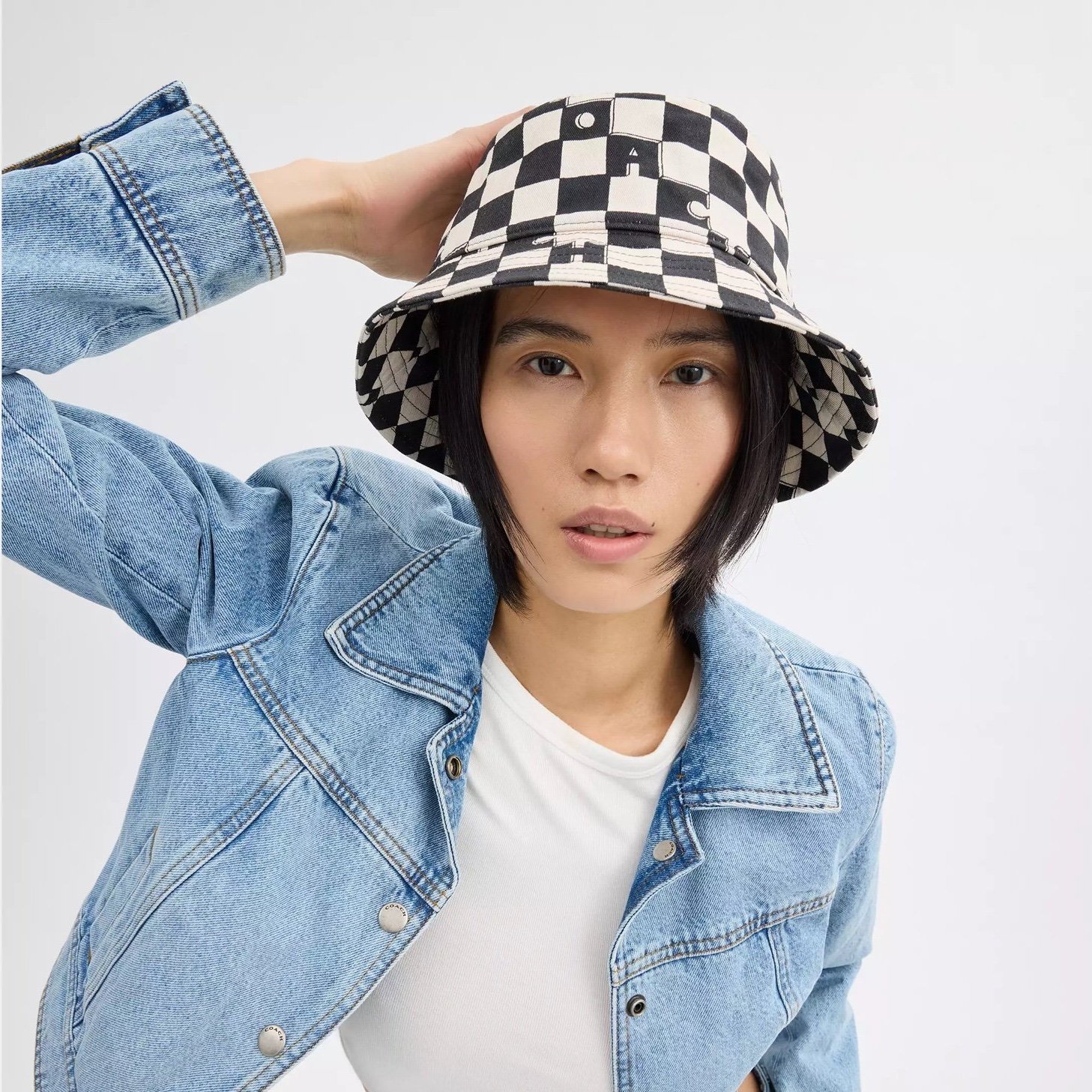 NWT Coach Checkerboard Print Bucket Hat Cream Black XS SMALL