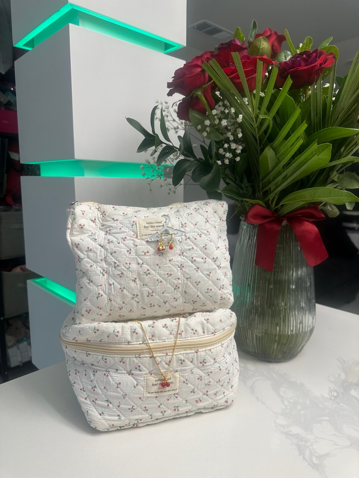 Quilted cherry cosmetic and travel bag set with cherry necklace and earrings new