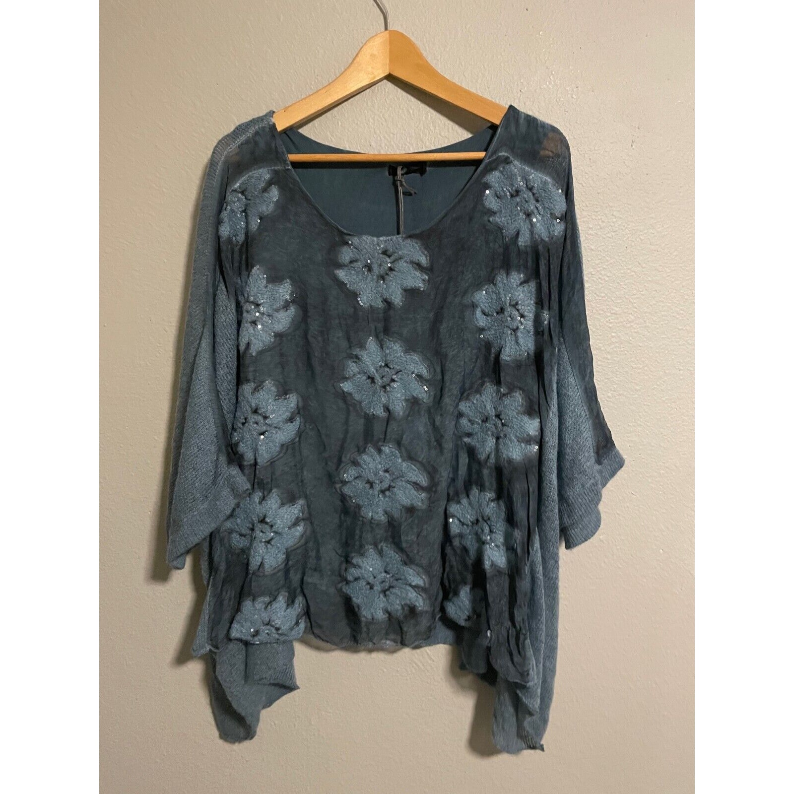 M Made in Italy Womens Tunic Medium Green Silk Mohair Blend Floral Sequin Fairy
