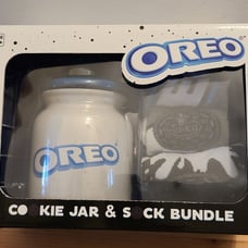 oreo cookie jar and sock set.