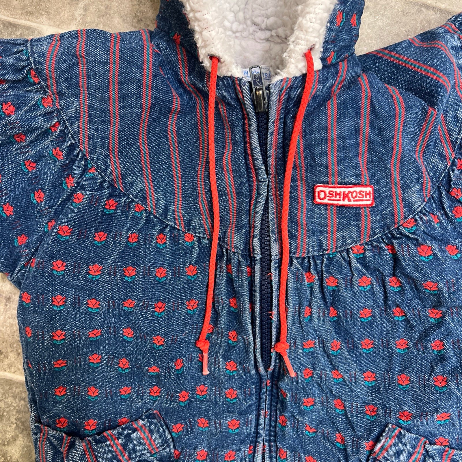 Cute!!Oshkosh B’gosh USA Vintage Denim Jacket 18m Sherpa Red Flowers