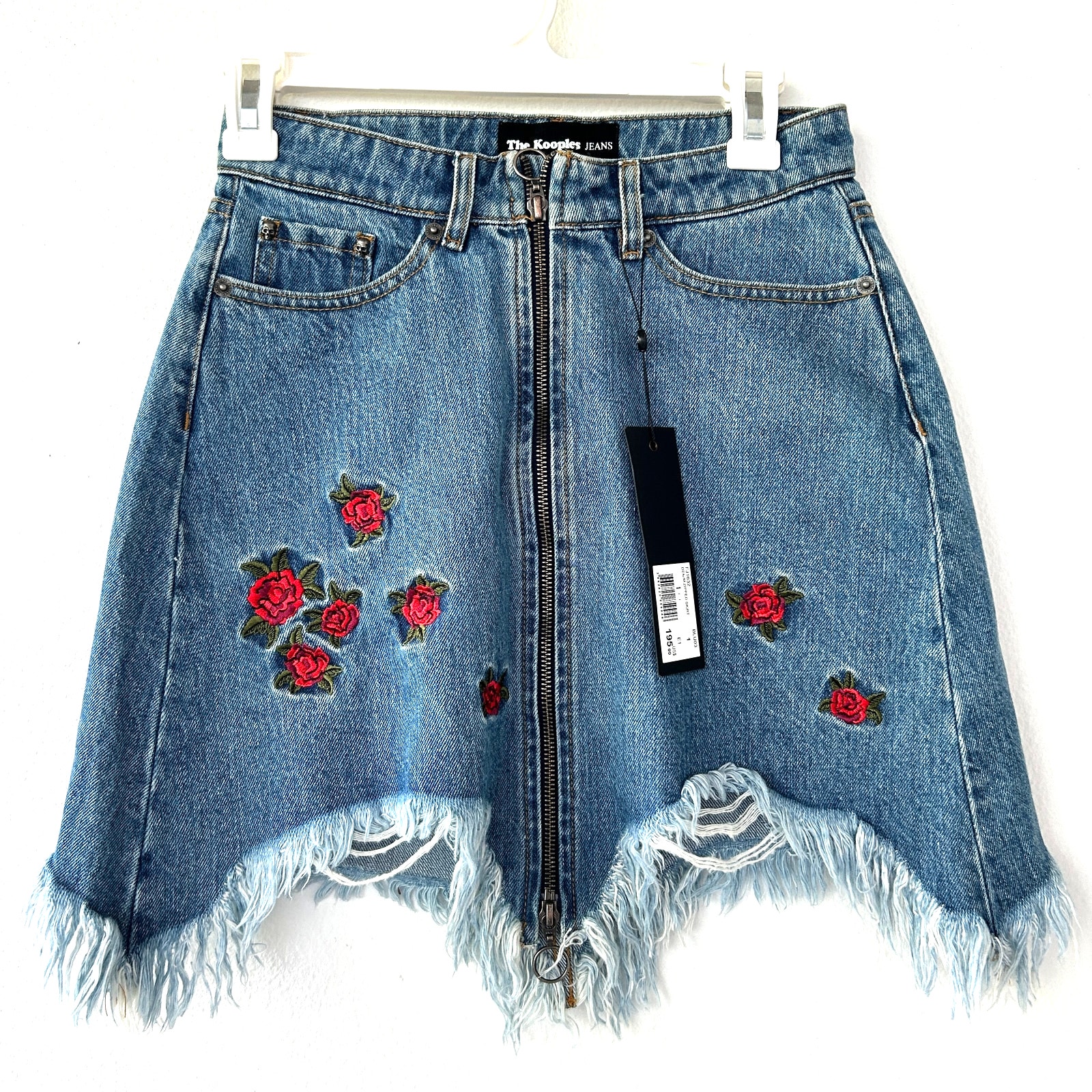 New with Tags The Kooples Floral Embroidered Zip Denim Skirt Size 1
