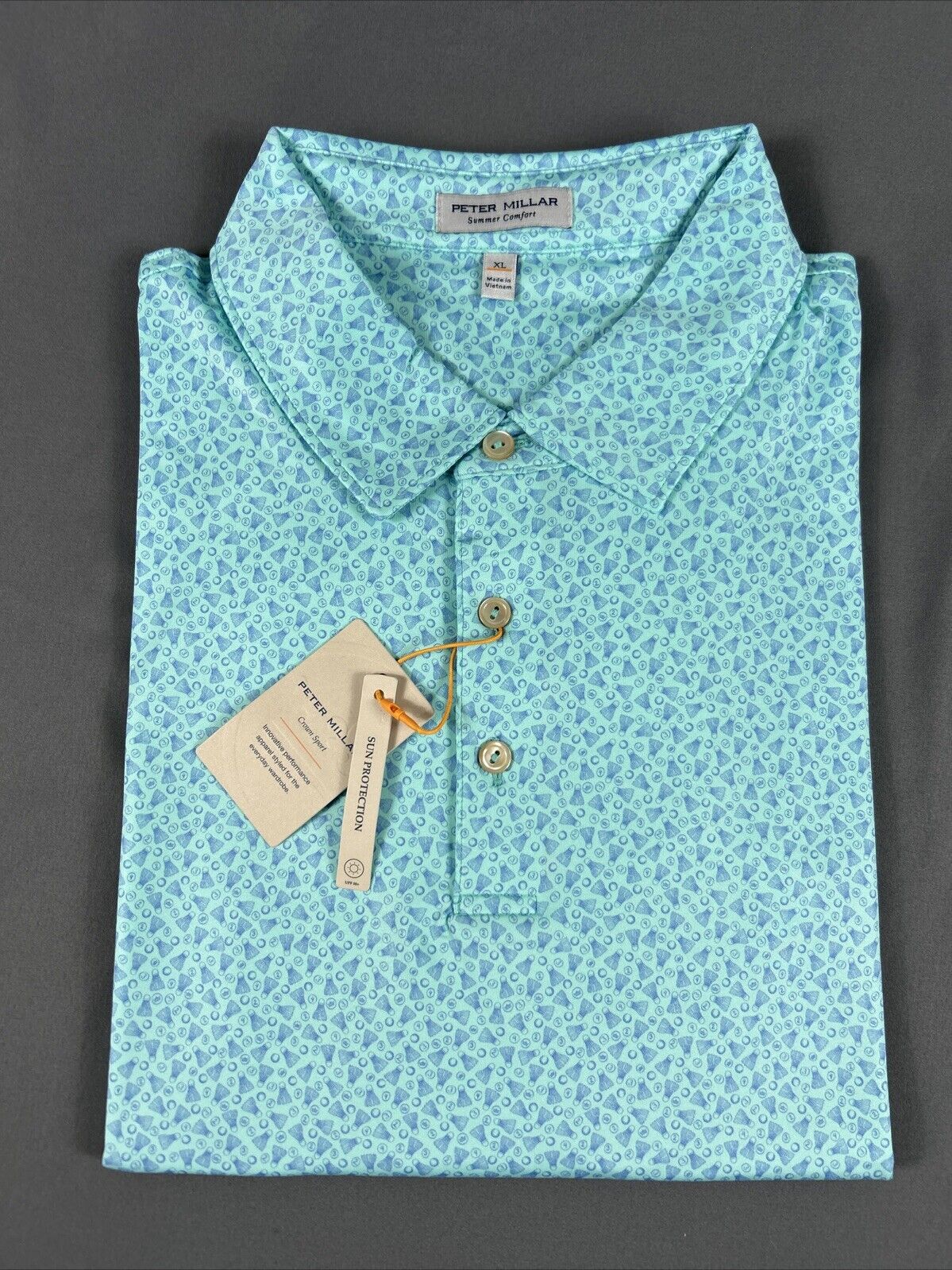 Peter Millar Golf Shirt Polo CS Summer Comfort Birdie Time Print XL Blue 115